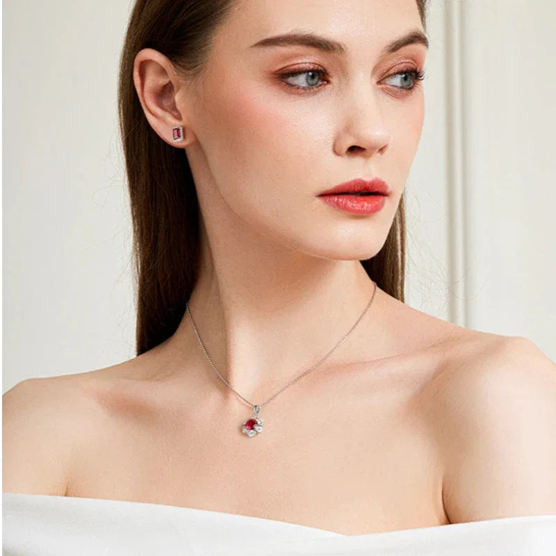 S925 Silver Ruby Flower Necklace — necklace worn at neckline