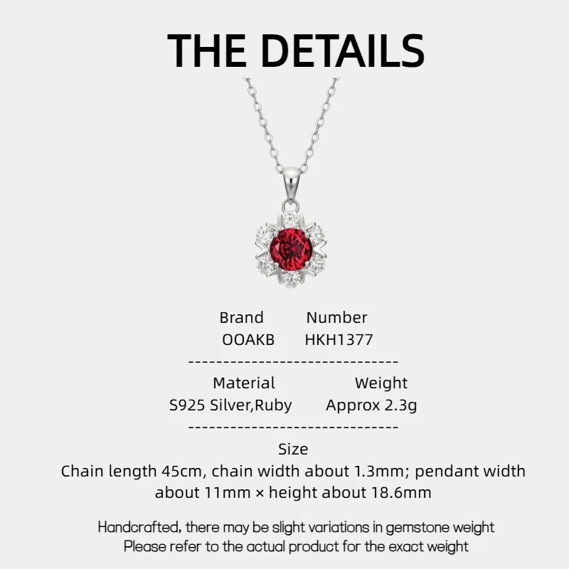S925 Silver Ruby Flower Necklace — specification card with material and size details