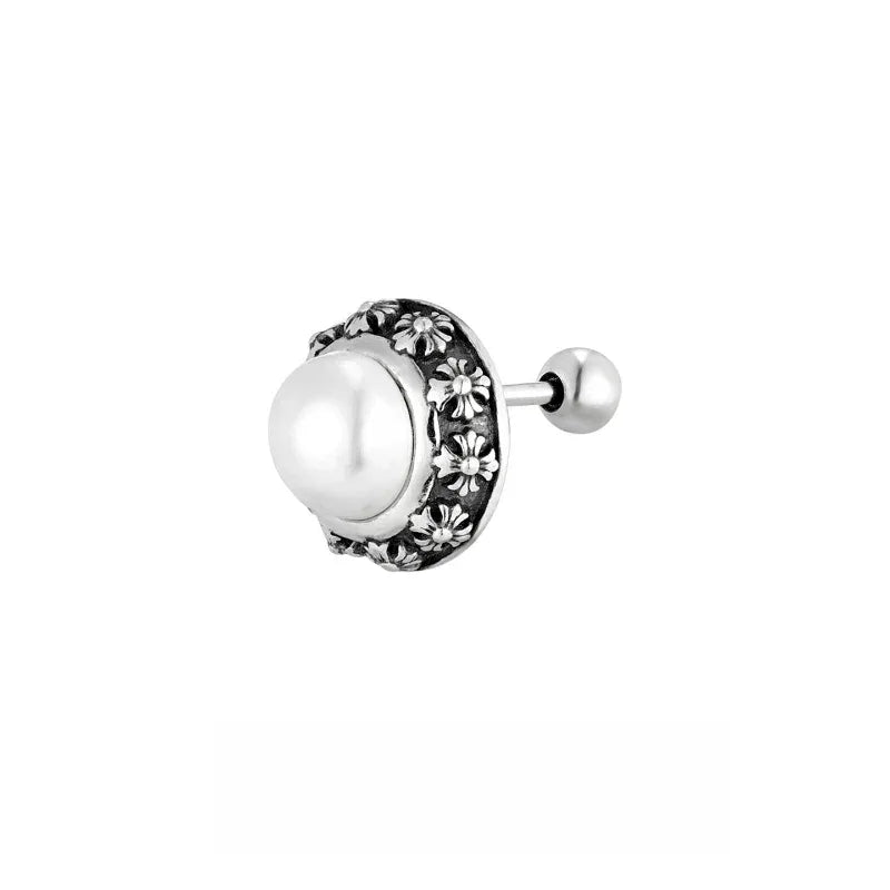 Antiqued Floral Halo Pearl Stud Earrings — side view of one earring showing the post back