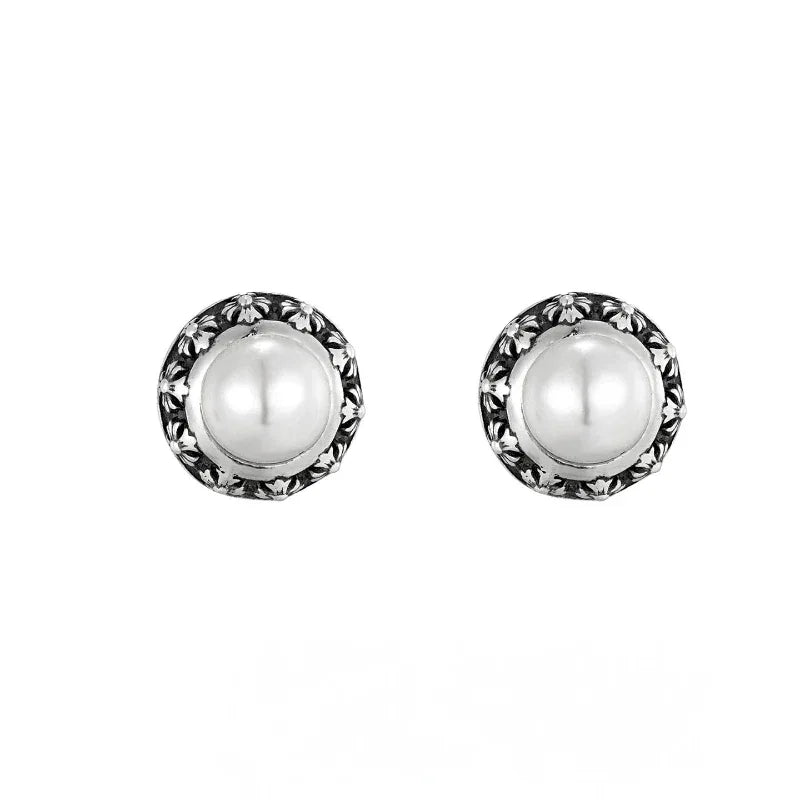 Antiqued Floral Halo Pearl Stud Earrings — alternate isolated front pair on white