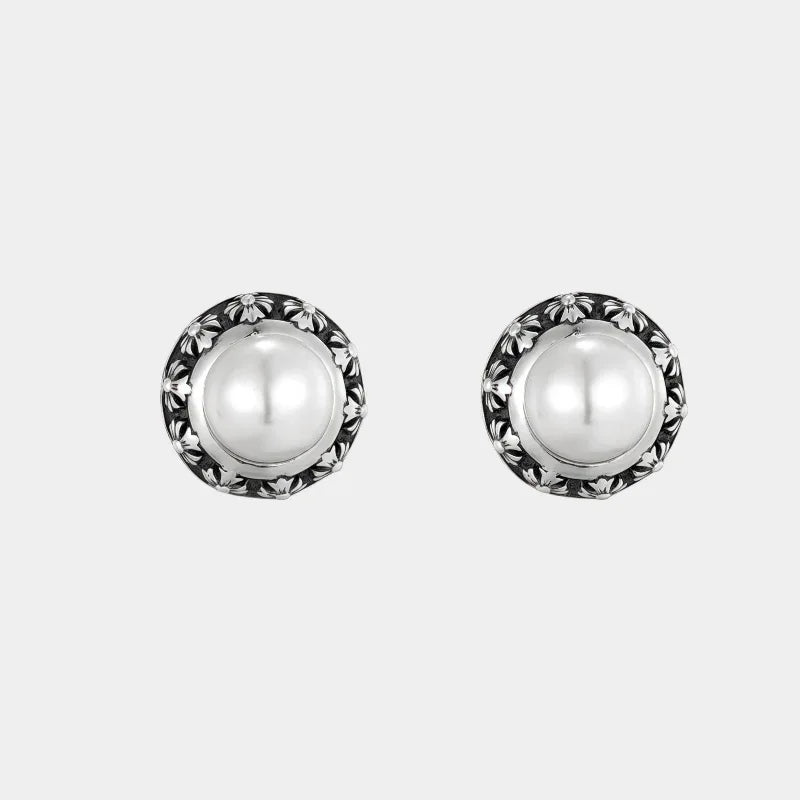 Antiqued Floral Halo Pearl Stud Earrings — front view of antiqued floral halo pearl studs
