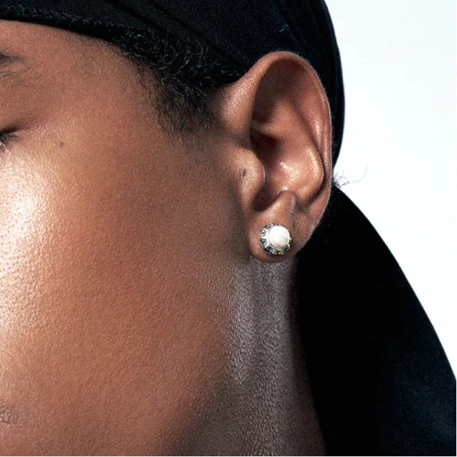 Antiqued Floral Halo Pearl Stud Earrings — side-profile worn portrait