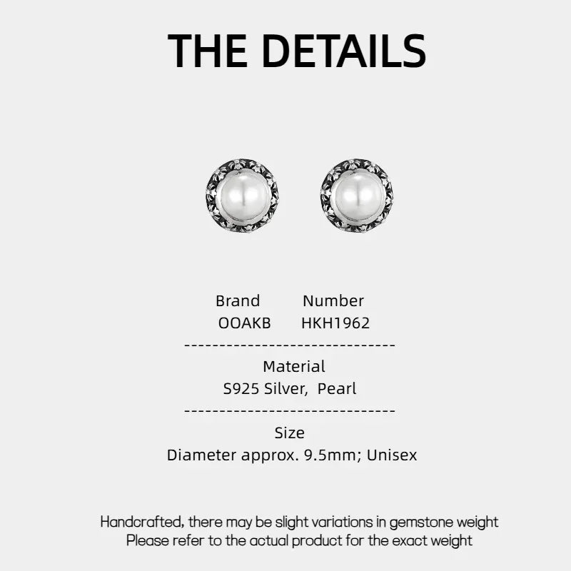 Antiqued Floral Halo Pearl Stud Earrings — specification card with material and size details