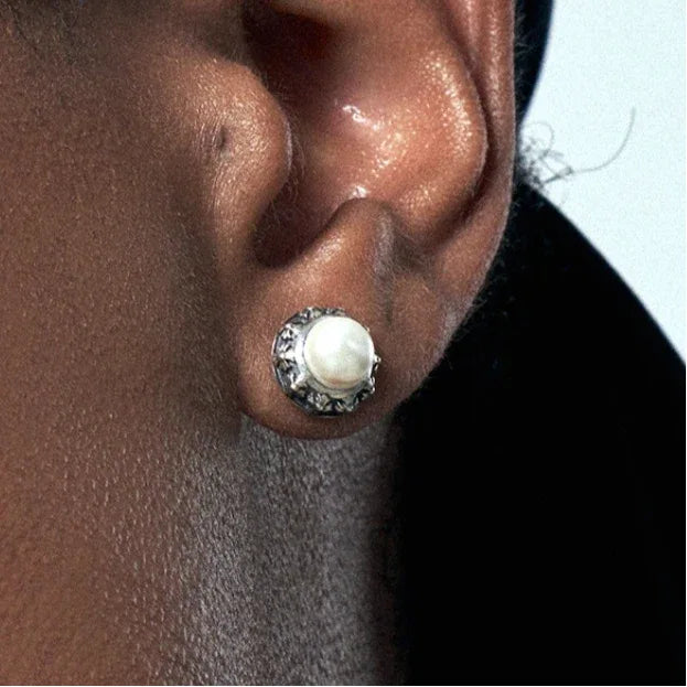 Antiqued Floral Halo Pearl Stud Earrings — alternate right-ear worn close-up