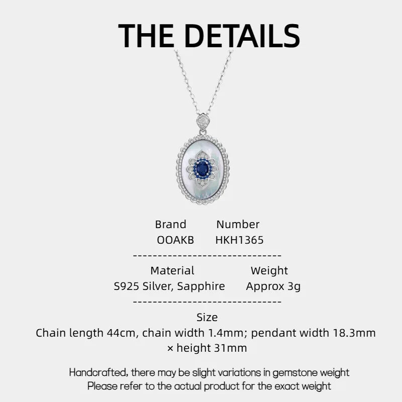 Sapphire and Mother-of-Pearl Oval Pendant Necklace — specification card with material and size details