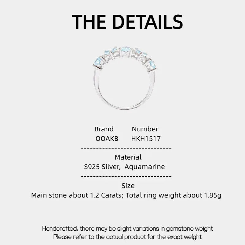 Seven-Stone Aquamarine Band Ring specification card with product measurements