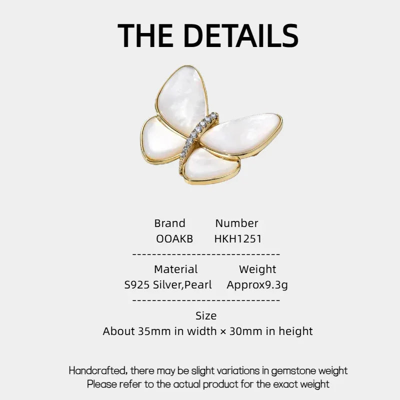 White Pearl Butterfly Brooch — specification card with material and size details