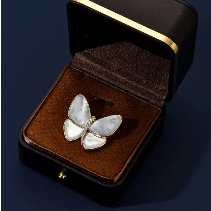 White Pearl Butterfly Brooch — brooch displayed inside a jewelry gift box