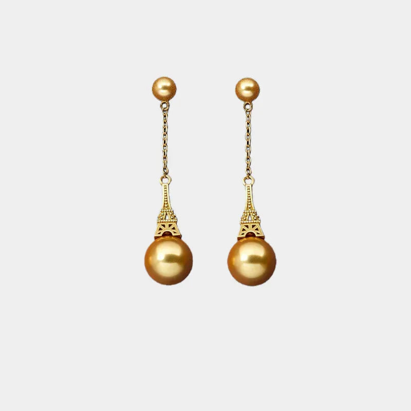 Shell Pearl Eiffel Tower Drop Earrings — front view of gold-tone drop earrings