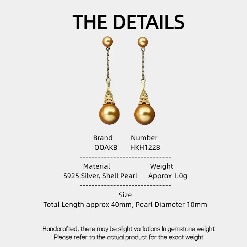 Shell Pearl Eiffel Tower Drop Earrings — specification card with material and size details