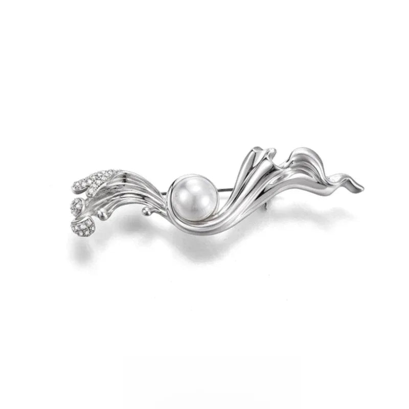 Pearl Flowing Ribbon Brooch — isolated front view on a white background