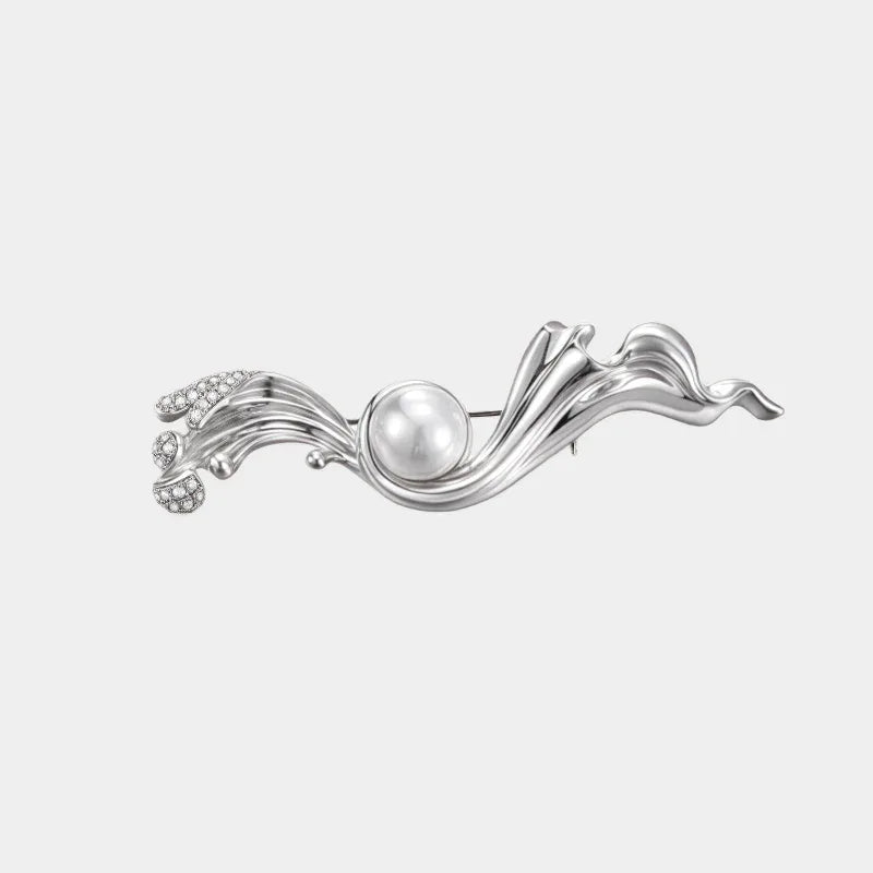 Pearl Flowing Ribbon Brooch — front view of horizontal silver-tone ribbon brooch