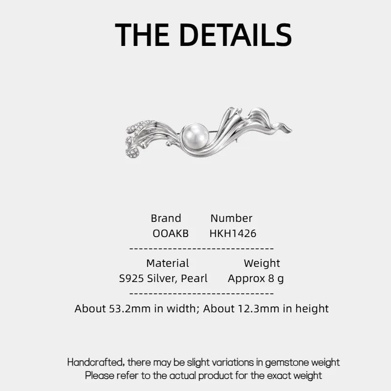 Pearl Flowing Ribbon Brooch — specification card with material and size details