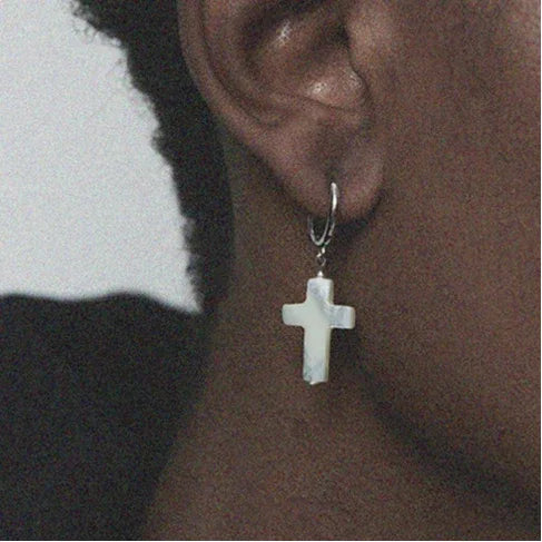 Pearl Cross Drop Hoop Earrings — left-ear worn close-up showing the cross-drop scale