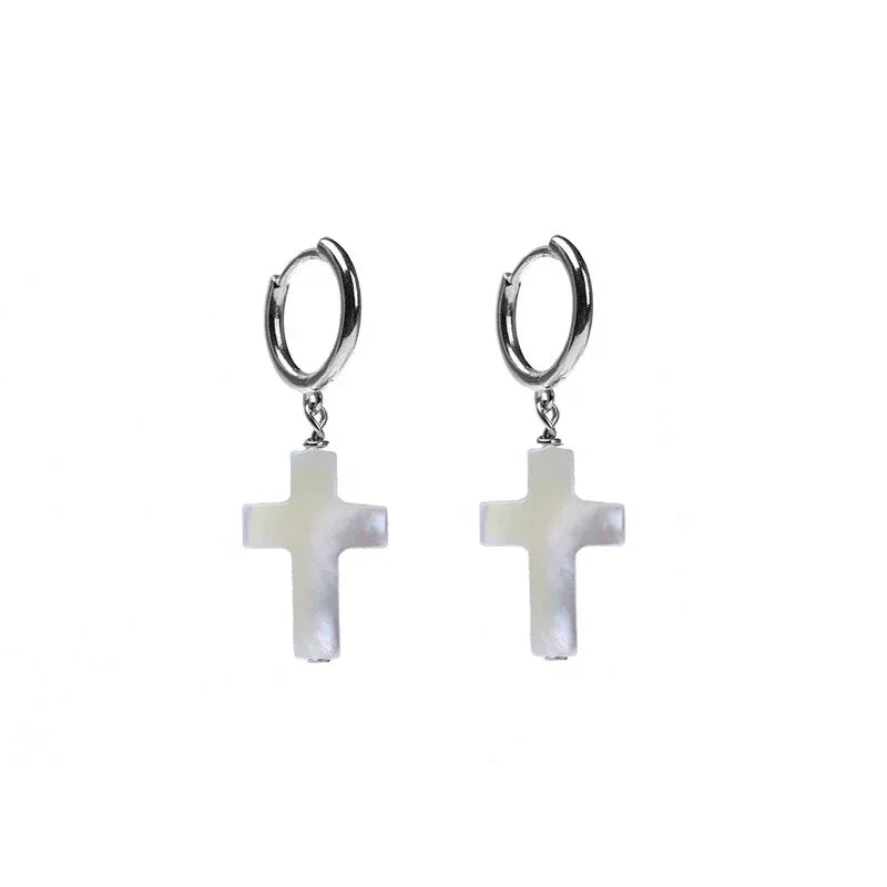 Pearl Cross Drop Hoop Earrings — alternate isolated front pair
