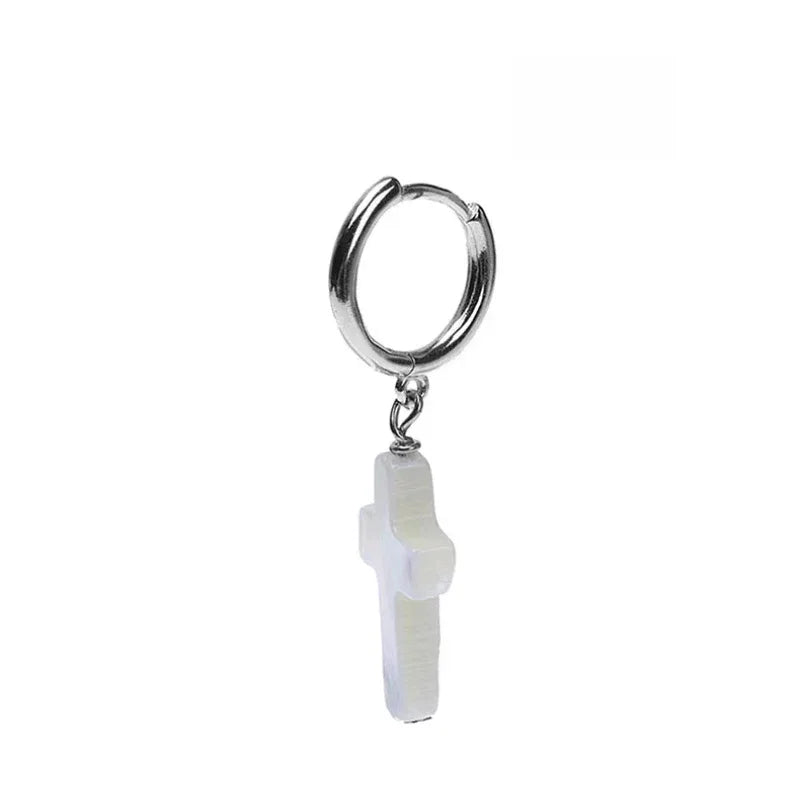 Pearl Cross Drop Hoop Earrings — single side view showing the hoop and cross thickness