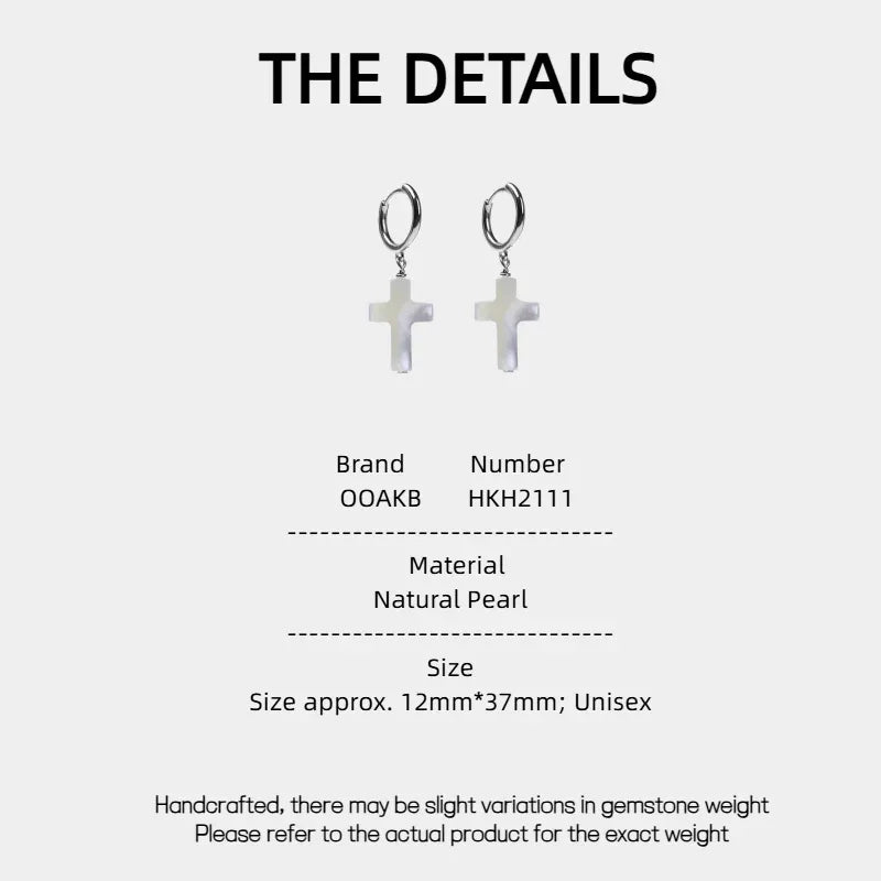 Pearl Cross Drop Hoop Earrings — specification card with material and size details