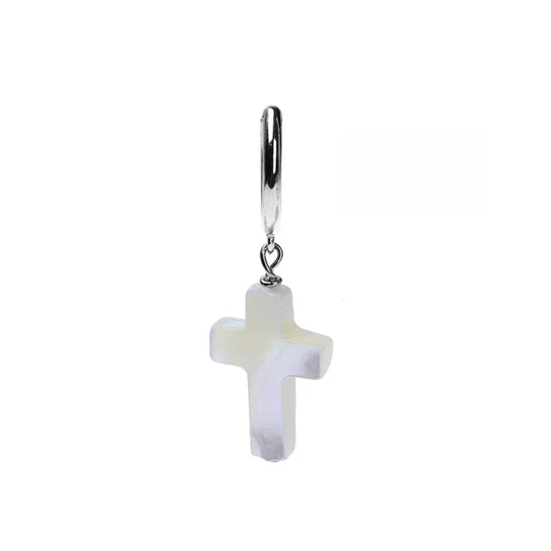 Pearl Cross Drop Hoop Earrings — single front view of one cross earring