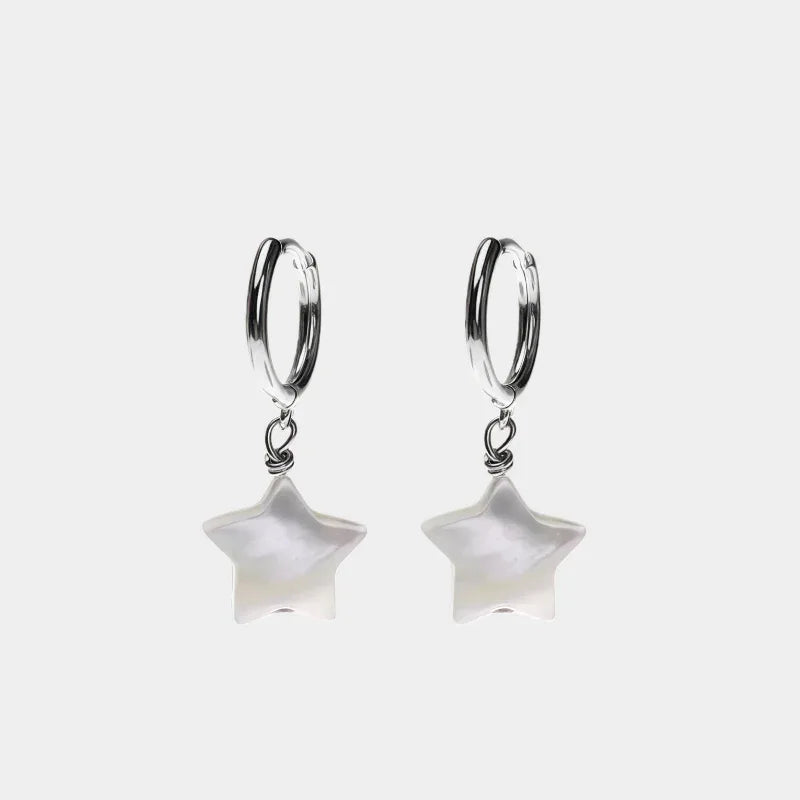 Pearl Star Drop Hoop Earrings — front pair of silver-tone hoops with iridescent white star drops