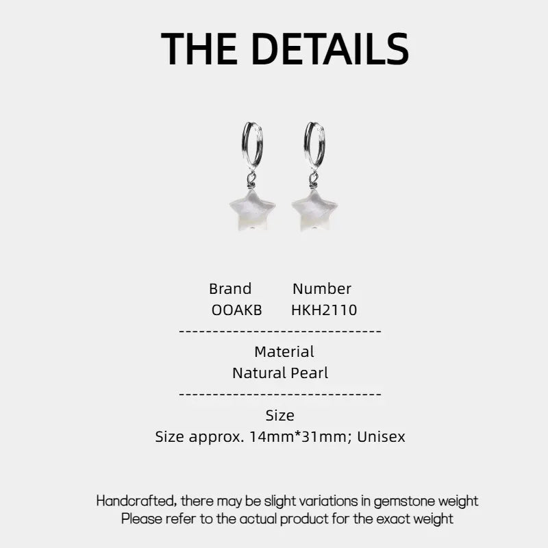 Pearl Star Drop Hoop Earrings — specification card with material and size details