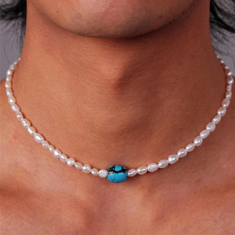 Pearl Strand Necklace with Turquoise Center Bead in S925 Silver - front worn view showing the center bead