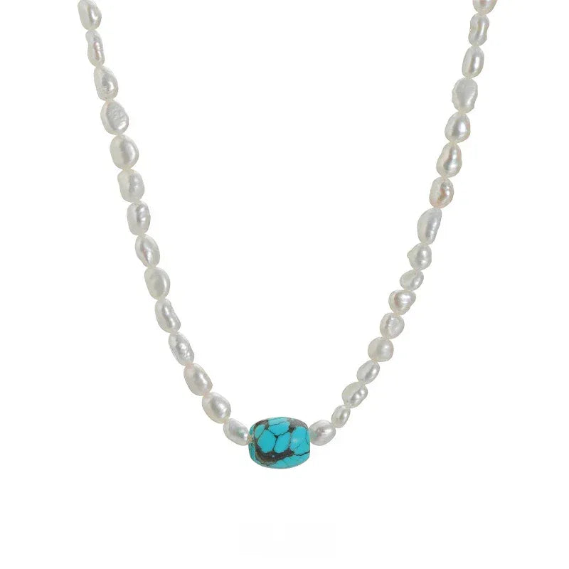 Pearl Strand Necklace with Turquoise Center Bead in S925 Silver - close view of the turquoise center bead and pearls