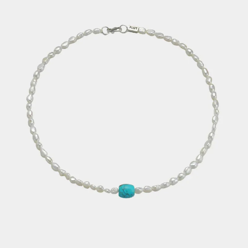 Pearl Strand Necklace with Turquoise Center Bead in S925 Silver - full necklace arranged in a circle