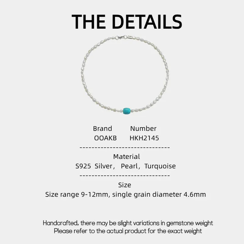 Pearl Strand Necklace with Turquoise Center Bead in S925 Silver - specification card with material and size details