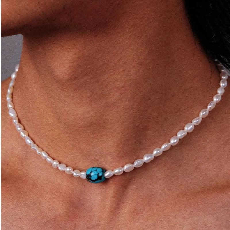 Pearl Strand Necklace with Turquoise Center Bead in S925 Silver - necklace worn at the neckline