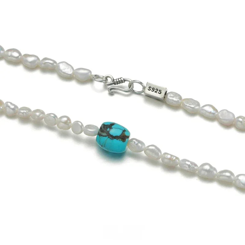 Pearl Strand Necklace with Turquoise Center Bead in S925 Silver - close view of the clasp, S925 tag and center bead