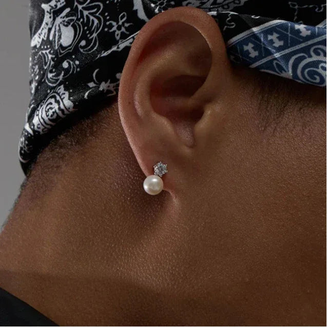 Pearl Drop Stud Earrings with Geometric Top — second left-ear worn side view