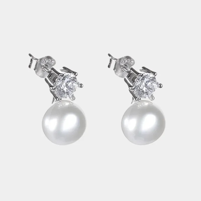 Pearl Drop Stud Earrings with Geometric Top — front view of pearl drop stud earrings