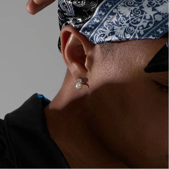 Pearl Drop Stud Earrings with Geometric Top — left-ear worn close-up