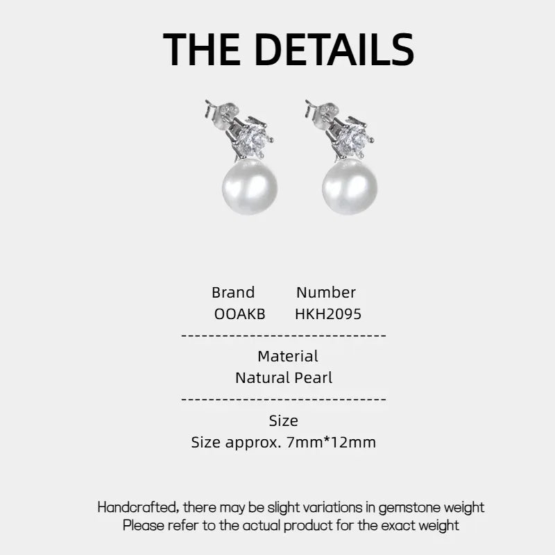 Pearl Drop Stud Earrings with Geometric Top — specification card with material and size details