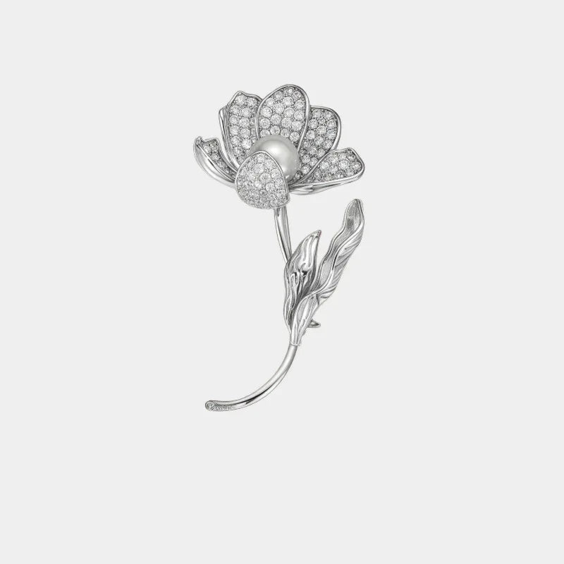 Malachite Flower Brooch — front view of silver-tone long-stem flower brooch