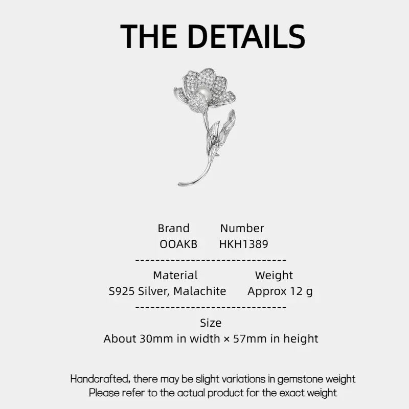 Malachite Flower Brooch — specification card with material and size details