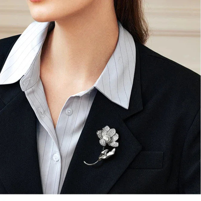 Malachite Flower Brooch — close blazer-worn view showing scale