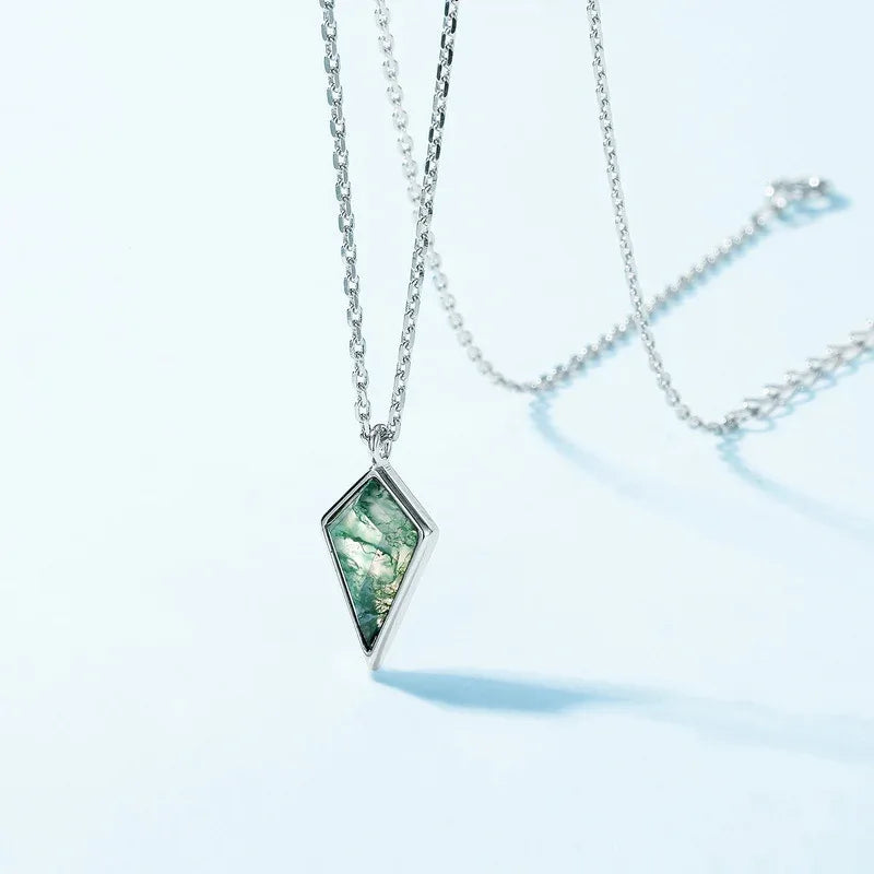 Silver-Tone Kite Moss Agate Pendant Necklace — angled pendant and chain detail 4