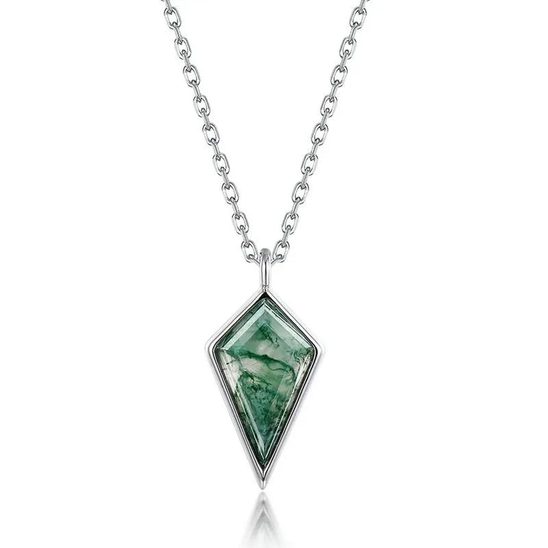 Silver-Tone Kite Moss Agate Pendant Necklace — full necklace arrangement 5