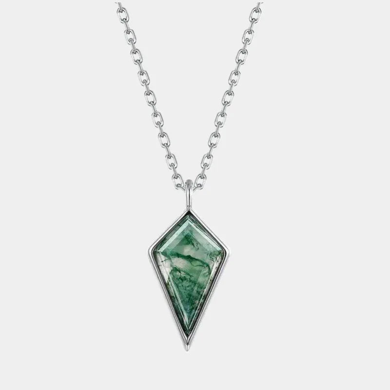Silver-Tone Kite Moss Agate Pendant Necklace — full necklace view on a light background