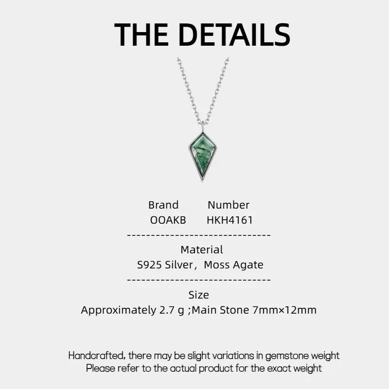 Silver-Tone Kite Moss Agate Pendant Necklace — Moss Agate specification card with material and measurements