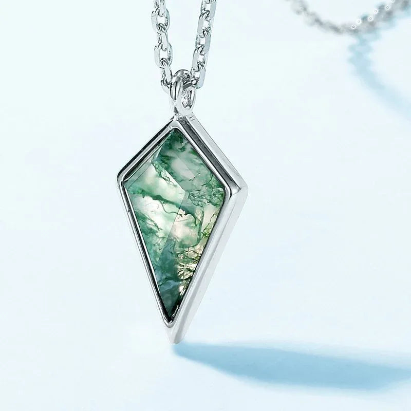Silver-Tone Kite Moss Agate Pendant Necklace — pendant close-up 3
