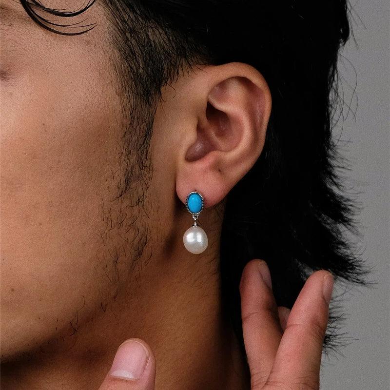 Pearl Drop Earrings with Turquoise-Blue Oval Accents in S925 Silver - worn side view showing pearl drop length