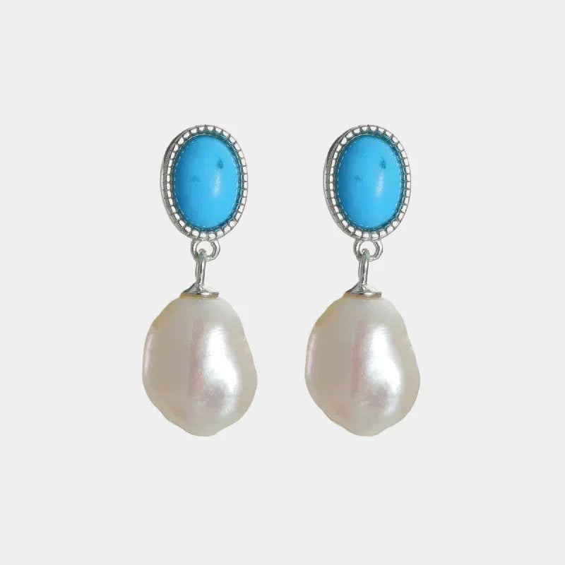 Pearl Drop Earrings with Turquoise-Blue Oval Accents in S925 Silver - front view of the matching pair