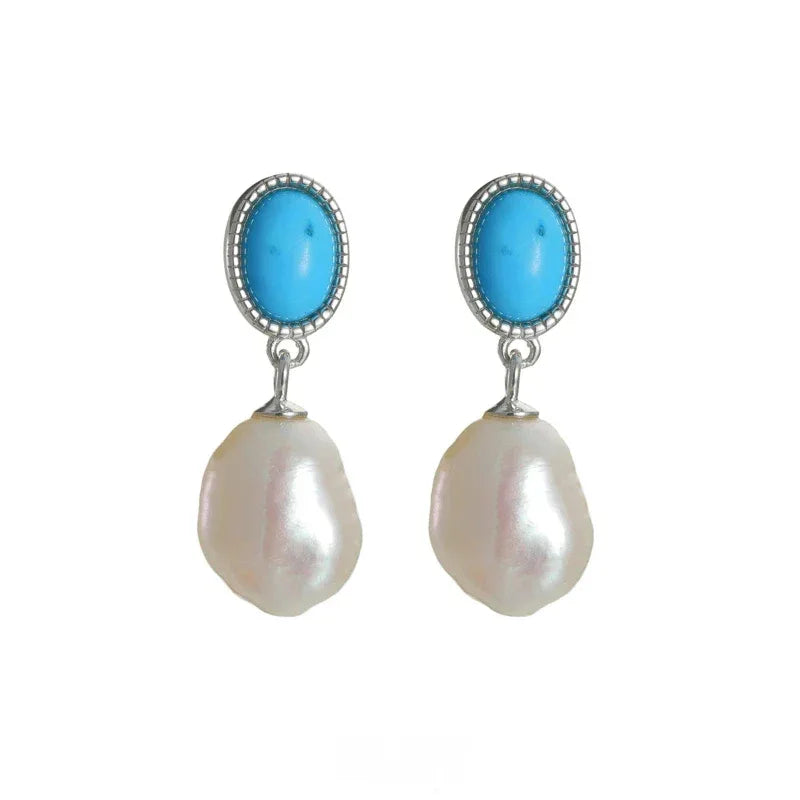 Pearl Drop Earrings with Turquoise-Blue Oval Accents in S925 Silver - front product view of the pair