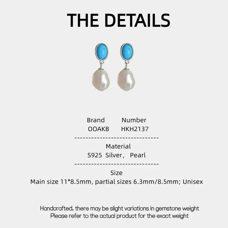 Pearl Drop Earrings with Turquoise-Blue Oval Accents in S925 Silver - specification card with material and dimensions