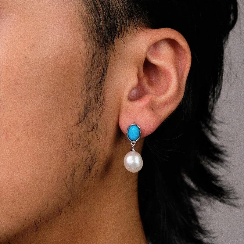 Pearl Drop Earrings with Turquoise-Blue Oval Accents in S925 Silver - close worn view of one earring