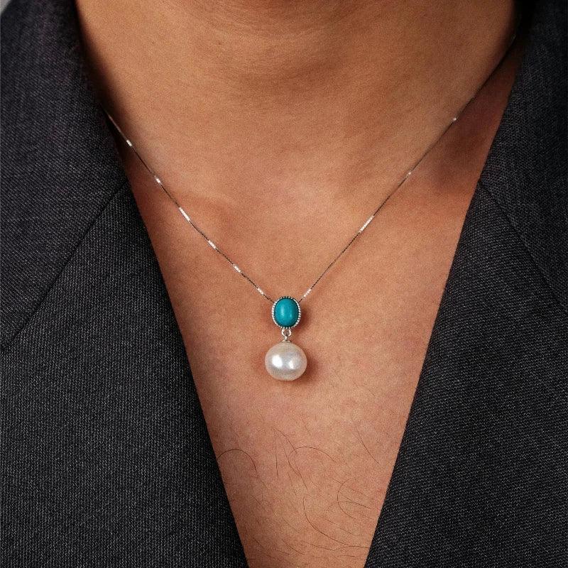 Pearl Drop Pendant Necklace with Turquoise-Blue Oval Accent in S925 Silver - close neckline worn view