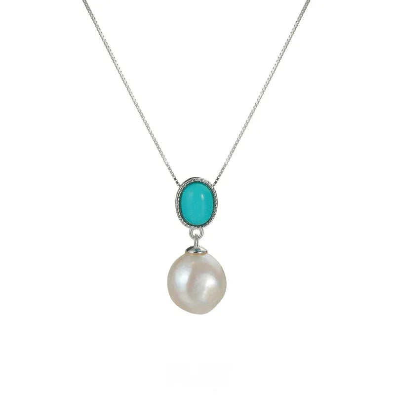 Pearl Drop Pendant Necklace with Turquoise-Blue Oval Accent in S925 Silver - full front product view of the necklace