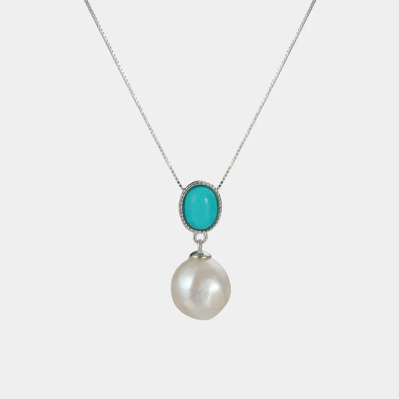 Pearl Drop Pendant Necklace with Turquoise-Blue Oval Accent in S925 Silver - full pendant necklace on a pale background